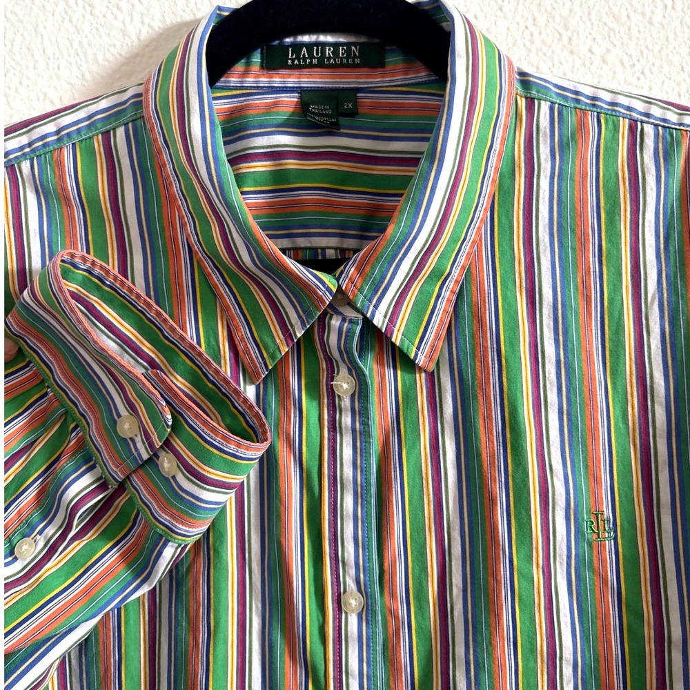 Lauren Ralph Lauren Button Down 2X Rainbow Preppy Stripe Long Sleeve Pride LGBTQ